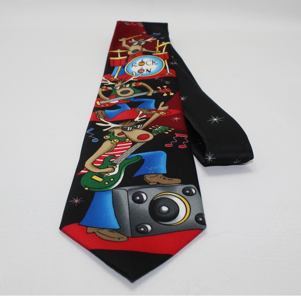 Tie Tales Mens Christmas Rock and Roll Reindeer Novelty Tie Black Red Polyester